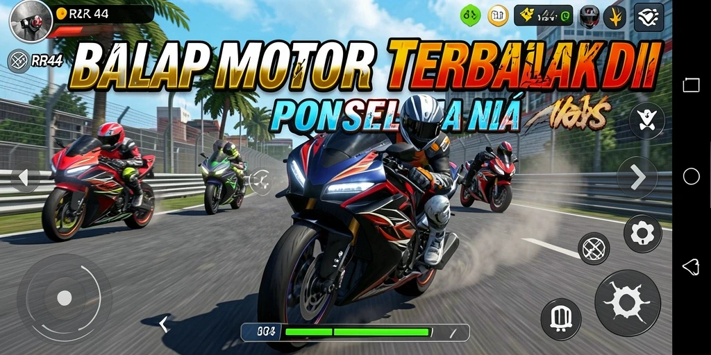 Tangkapan layar <strong>RR44</strong> menampilkan aksi balapan motor yang mendebarkan.